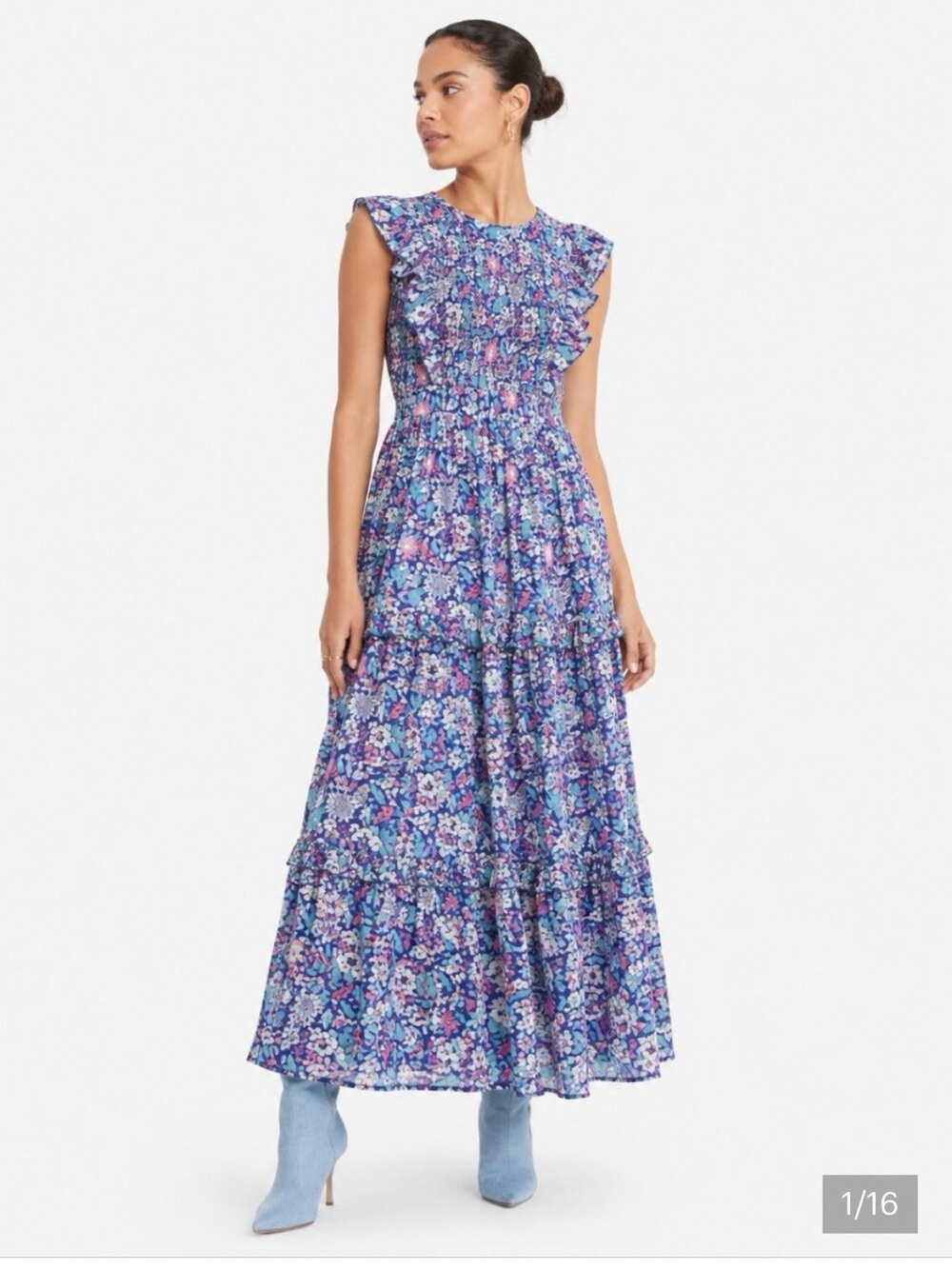 Banjanan Blue Floral Ruffle-Sleeve Maxi Dress